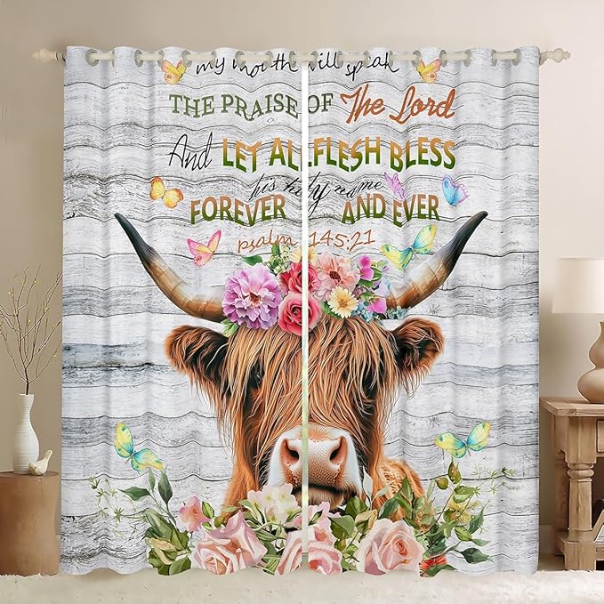Feelyou Highland Cow Curtains Rose Highland Cattle Window Curtains Bedroom Living Room Kids Room Decor Boys Girls Bull Cattle Window Drapes Botanical Floral Window Treatments 42W X 90L，2 Panels