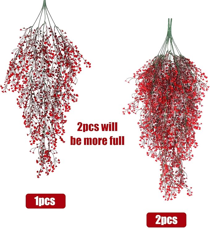 RECUTMS 4 Pcs Faux Hanging Vines Ferns Artificial Hanging Plants Fake Ivy Wall Plants Decoration for Indoor Outdoor Valentines Day Patio Garden Wedding Balcony Christmas Party Home Spring(Red)