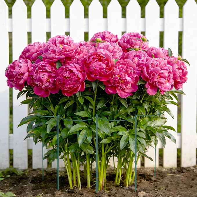 Unves 10 Pack Plant Support Stakes, 10" W x 16" H Half Round Peony Cages and Supports, Metal Peony Cage Plant Ring for Outdoor Plants Tomato Flower Vine, with Garden Labels, Clips and Ties