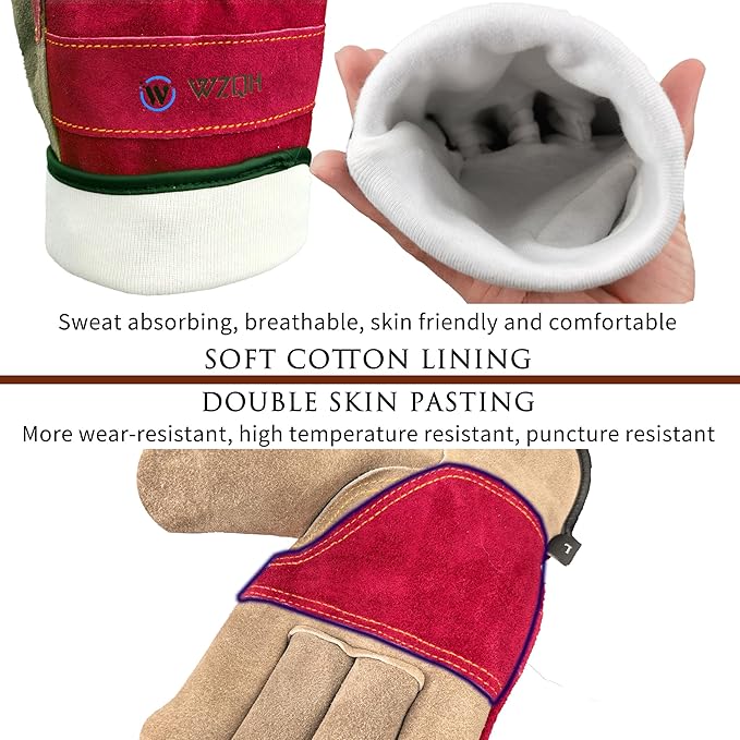 WZQH Leather Work Gloves for Women. X-Large Glove for Gardening, Tig/Mig Welding, Construction, Chainsaw, Farm, Ranch, etc. Cowhide, Cotton Lined, Utility, Firm Grip, Durable. Rose Red - Grey XL