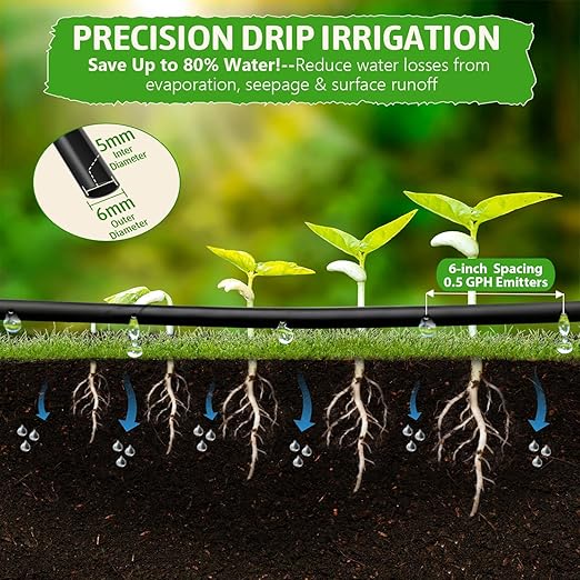 MIXC 1/4" Irrigation Dripline Tubing (100 Ft Roll) with 10Ft 1/2" Main Line, Saving 80% Water, 6" Emitter Spacing, 0.5 GPH Emitters Built-in Drip Irrigation Line with 1/4" Push-to-Connect Fittings