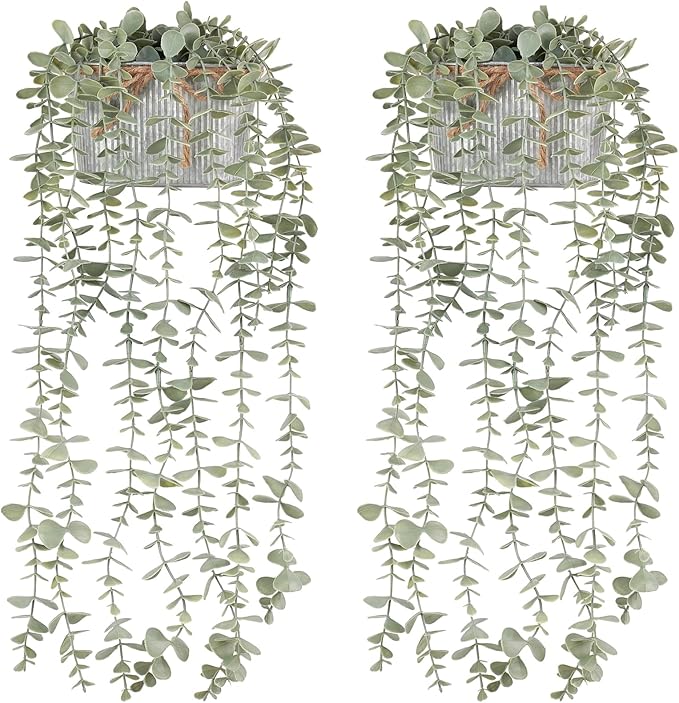 Mkono Fake Hanging Plants in Farmhouse Galvanized Pots Rustic Faux Potted Eucalyptus Greenery Indoor Artificial Plants for Book Shelf Mantel Living Room Bathroom Bedroom Home Office Decor (2, Grey)