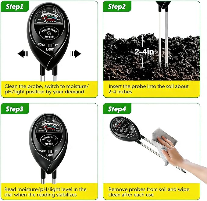 3-in-1 Soil Moisture Meter, Test Soil Moisture, Upgraded Stainless Steel Probe Soil pH/Light/Moisture Meter for Plants, Soil Test kit, Soil Tester for Garden, Farm, Lawn, Indoor & Outdoor