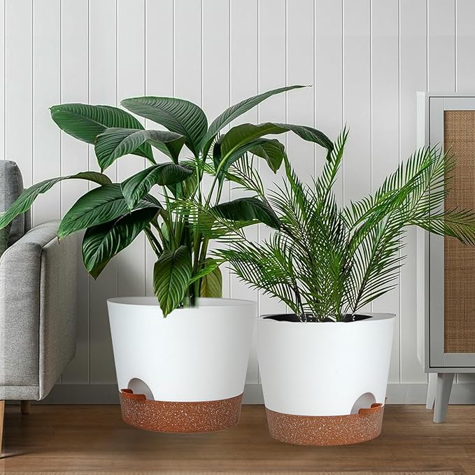 SwinDuck 12inch Large Self Watering Plant Pot, Plastic Cylinder Planter with 60Oz Deep Reservoir and Saucer for Indoor Outdoor Plants Flowers Houseplants, White with Brown