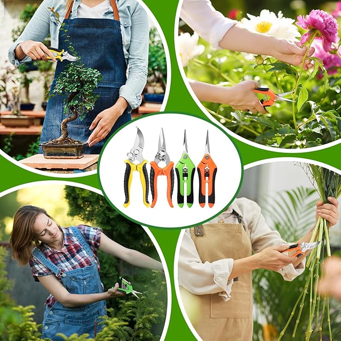 EWPJDK 4 Pack Garden Pruning Shears, Stainless Steel Garden Shears, Gardening Shears, Garden Scissors, Clippers, Pruning Snips, Pruning Shears for Gardening Tools (4PCS Yellow Orange Green)