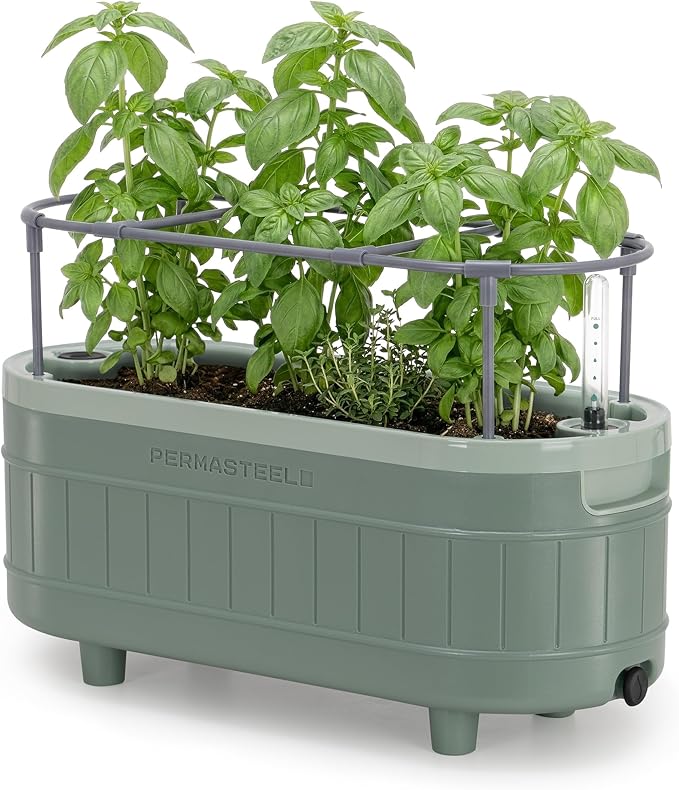 Permasteel Herb Garden Planter with Trellis Support, Self-Watering System with Water Level Indicator, Fits Multiple Herb Plants, for Basil, Flowers, Succulents, Indoor & Outdoor, Green