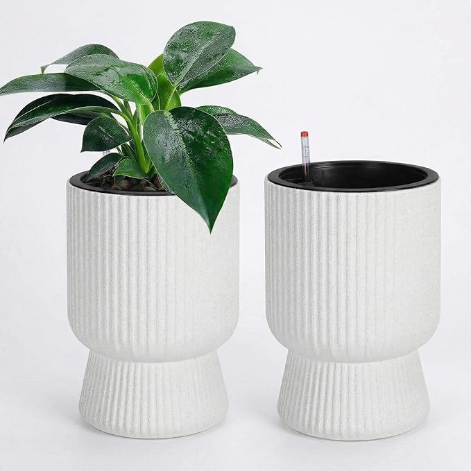 IDEALHOUSE Self Watering Planters Set of 2, 14.2 Inch Tall Outdoor/Indoor Flower Pots with Water Level Indicator, Large Modern Planter with Hidden Reservoir for Patio, Porch, Balcony,White