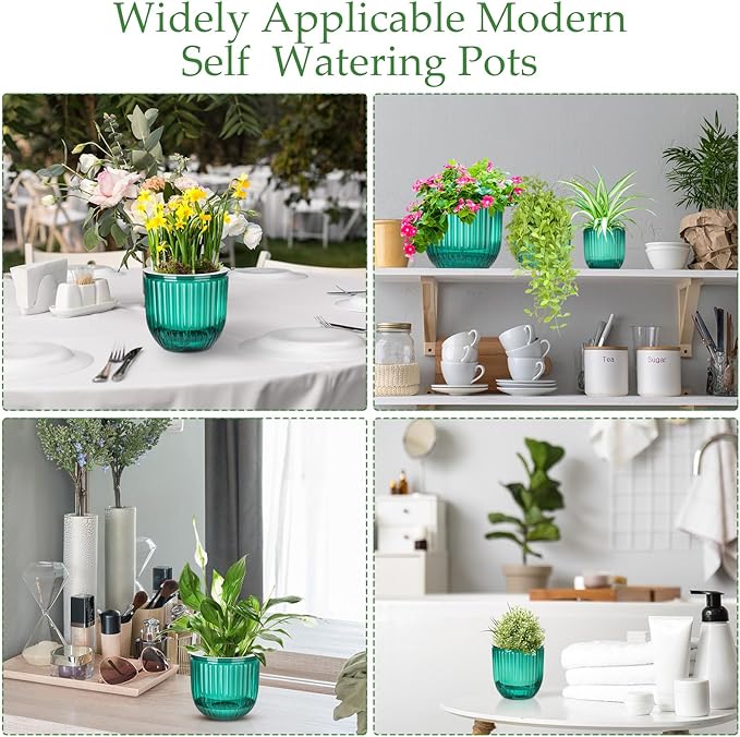 3 Pcs Self Watering Pots for Indoor Plants Planters with Drainage Holes 8.3" 6.5" 4.5" Flower Pots Durable Plastic with Wick Rope and Reservoir Emerald Green Clear for Herbs African Violet