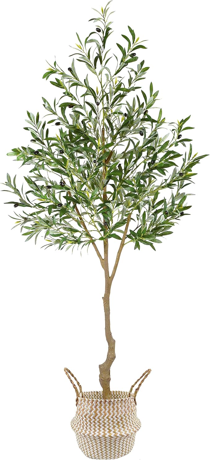 Warmplants Artificial Olive Tree, 7ft Tall Fake Olive Leaves Plant with Basket, Indoor Outdoor Faux Olive Topiary Silk Tree for Home Livingroom Office Décor