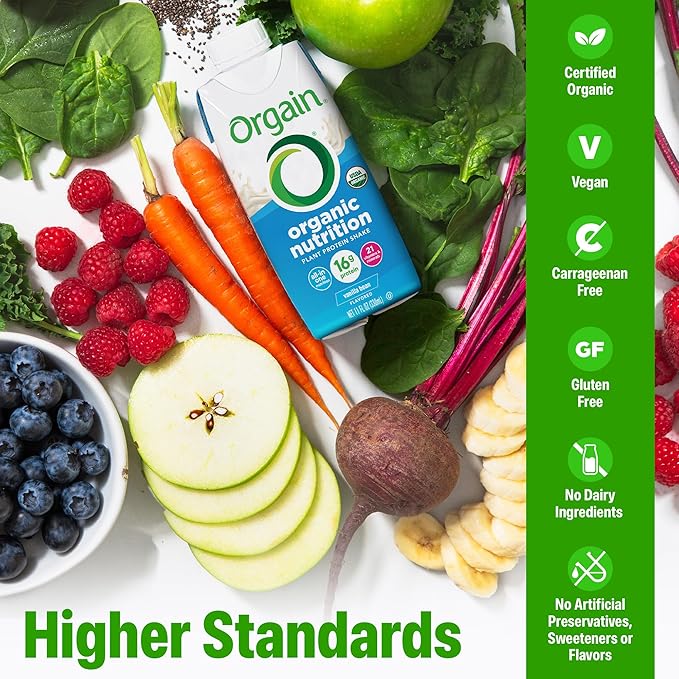 Orgain Organic Nutritional Vegan Protein Shake, Vanilla Bean - 16g Plant Based Protein, Meal Replacement, 21 Vitamins & Minerals, Fruits & Vegetables, Gluten Free, Non-GMO, 11 Fl Oz (Pack of 4)