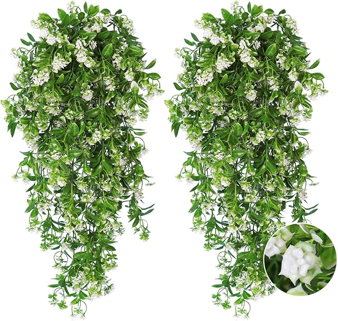 RECUTMS 2Pcs Artificial Hanging Flowers for Outdoor Decoration Fake Hanging Plants Faux White Flowers Artificial UV Resistant Plastic Greenery Vines Ivy for Outdoor Indoor Garden Party Decor（White）
