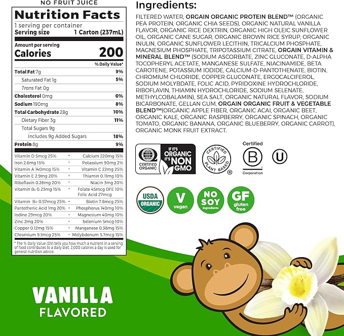 Orgain Organic Kids Nutritional Vegan Protein Shake, Vanilla - Healthy Kids Snacks, 8g Plant Protein, 3g Fiber, 23 Vitamins & Minerals, No Dairy & Soy, Non-GMO, 8 Fl Oz (12 Pack) Package May Vary