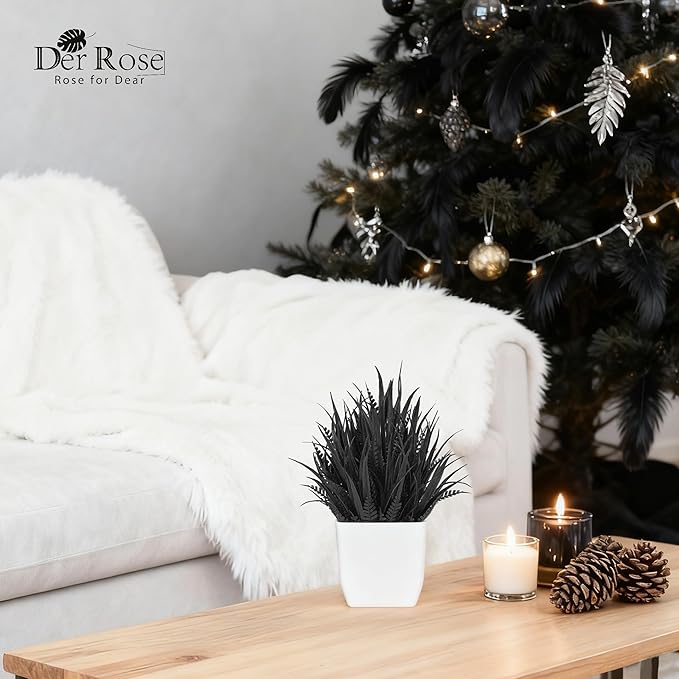 Der Rose 2 Pack Small Black Fake Plants Mini Artificial Potted Plants for Halloween Decor Table Desk Home Office Black Bathroom Decor