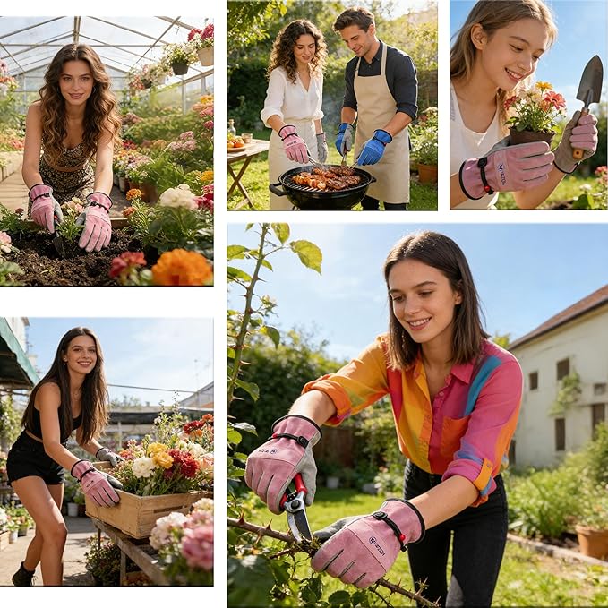 WZQH Leather Work Gloves for Men or Women. XX-Large Glove for Gardening, Tig/Mig Welding, Construction, Chainsaw, Farm, Ranch, etc. Cowhide, Cotton Lined, Utility, Firm Grip, Durable. Pink-Grey 2XL