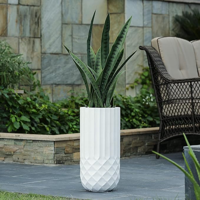 LuxenHome Planter for Outdoor Indoor Plants 25" H White Tall MgO Plant Pots Planting Flower Large Pot Planters Modern Geometric Balcony Planter