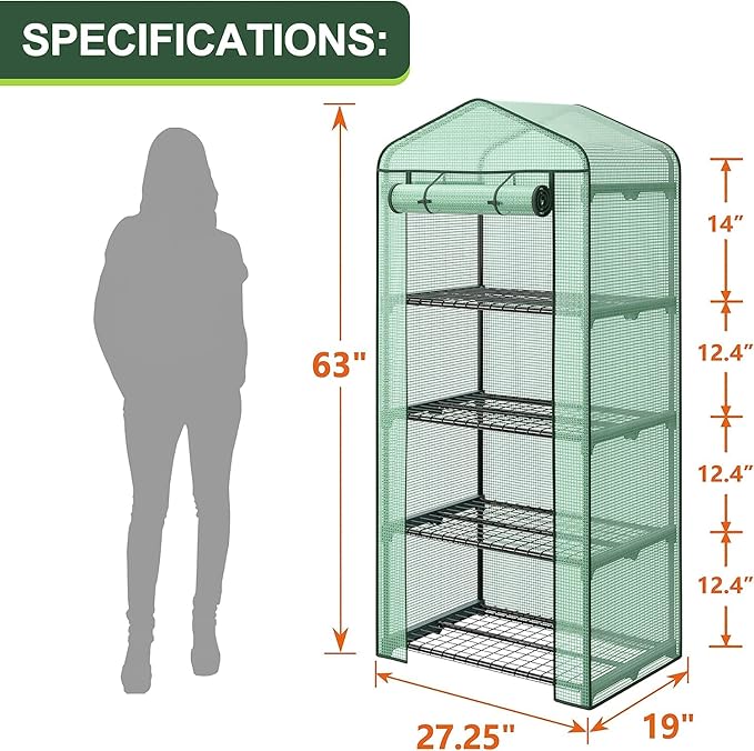 4-Tier Mini Greenhouse Portable Garden Grow Plants Flower Seedings Green House w/PE Cover, Roll-Up Zipper Door and Metal Frame 27.25"(L) X 19"(W) x 63"(H)