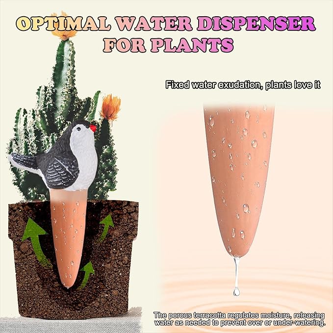 4 Pack Lucky Magpie Terracotta Plant Watering Spikes, 100ml terracotta spikes for watering plants, Attract Fortune While Hydrating Plants for 3-5 Days, Graceful Garden Guardians, Gift for Plant Lovers