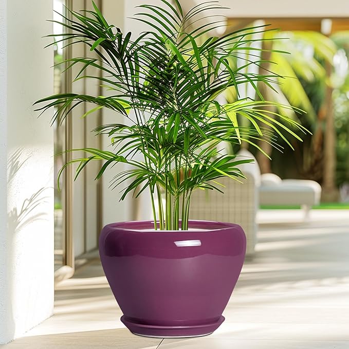 Ceramicfor 10 Inch Plant Pot - Ceramic Planter with Drainage Hole and Saucer, Round Modern Flower Pot for Indoor Outdoor Plants, Housewarming Gift, Home Garden Decor, Purple