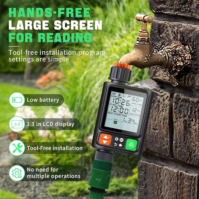 Sprinkler Timer for Garden Hose, Upgrade 10 Program Water Timer with Auto Rain Delay, IP54 Waterproof 3.3“ Large LCD Drip Irrigation System Timers for Plant, Yard, Lawns, Outdoor