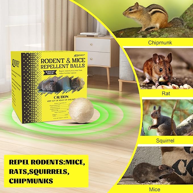 Rodent & Mice Repellent 12 PCS,Mouse Repellent Balls for Longer Lasting Scent | Indoor, Outdoor, Car Engine Protection | Mice, Rat Deterrent for Home, Garage, Attic | Pet & Kid Safe