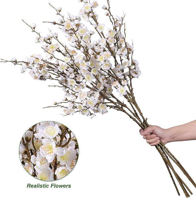 florisso 6 PCS Artificial Cherry Blossom Branches Spring Indoor Decoration, Faux Flowers 34.45" Long Stems Plum Fake Peach Plants Real Touch Silk for Wedding Home Bedroom Party Table Office, White