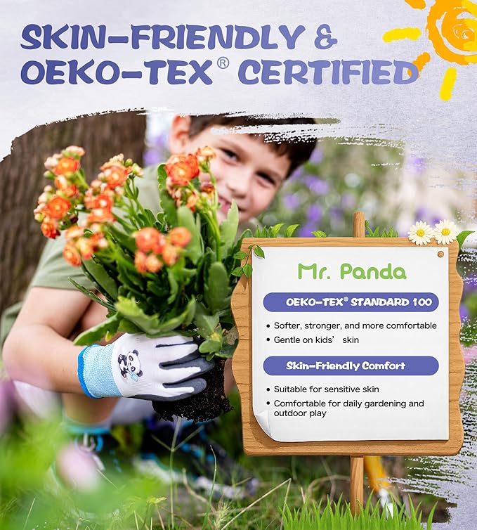 Mr. Panda 3 Pairs Skin-Friendly kids gardening gloves for Age 2-4, Rubber Coated childrens garden gloves, toddler work gloves, XXXS