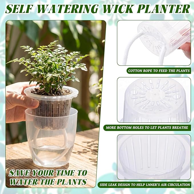 36 pcs Self Watering Pots, 3.5 Inch Plastic Flower Plant Pot with Inner Pot Self Watering Wick Planter White Clear Flower pots for Indoor House Plants Herbs, Flowers, Succulents