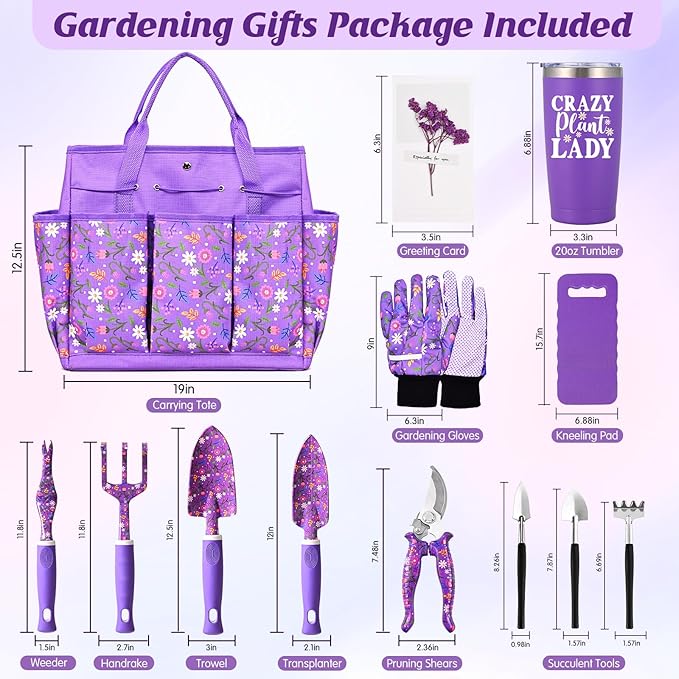 Lifecapido Gardening Gifts for Women, Garden Tool Set, 14 PCS Gardening Tools Set Kit with Tool Bag, Plant Lover Birthday Christmas Mothers Day Garden Tools Gifts for Gardeners Women Mom (Purple)