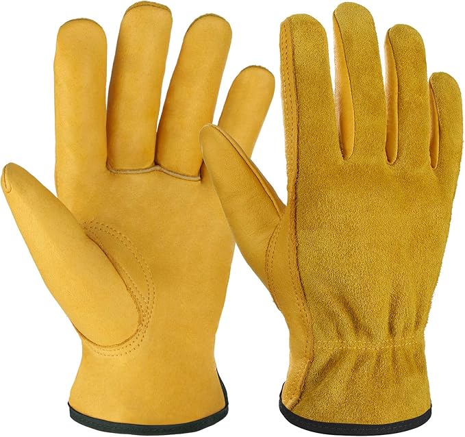 OZERO Leather Work Gloves for Men & Women, 1 Pairs Genuine Cowhide Garden Gloves, Lab Tested EN388 2143X, Flexible Grip, Breathable Unlined Comfort, Elastic Wrist (Gold, Small)