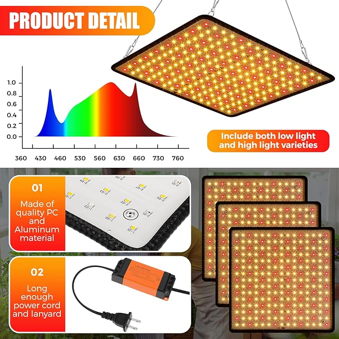 Liliful 4 Pcs Grow Lights Panel 200W Artificial Full Spectrum Grow Lamps with 225 LEDs for Indoor Outdoor Seedling Tent Flowe(Warm White, Red)