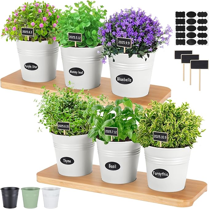 LemonRoad 6 Pcs Indoor Herb Planter Window Herb Pots for Kitchen with Drainage Hole and Bamboo Tray Farmhouse Metal Garden Planter Pot with DIY Label Mom Plant Gift(White,Round)