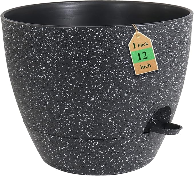WSMKSZ 12 inch Large Self Watering Pots, Planter, Plant Pots with Mesh Drainage Holes for Indoor Outdoor House Plants and Garden, Plastic Flower Pots with Deep Reservoir, Speckled Black