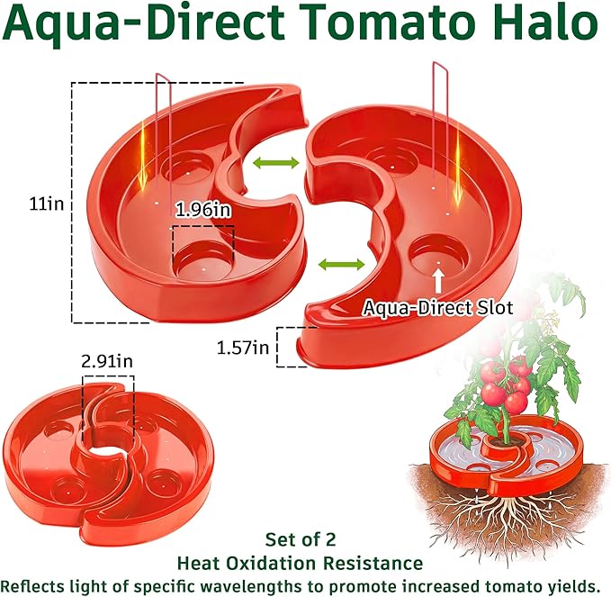 4 Sets Tomato Watering Ring, Aqua-Direct Red Tomato Halo for Vegetable Direct Root Irrigation, Cuts Runoff, Promotes Vigorous Plant Growth | Rapid-Stake Mount
