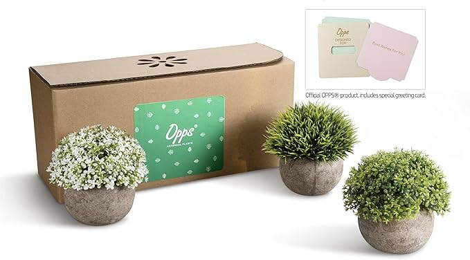 Opps Artificial Plastic Mini Plants Unique Fake Fresh Green Grass Flower in Gray Pot for Home Décor – Set of 3