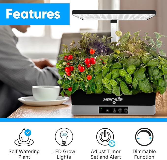 SereneLife Hydroponic Herb Garden - 6 Pod Indoor Kit, Full-Spectrum Grow Light, Adjustable Height, Smart Plant System, Black