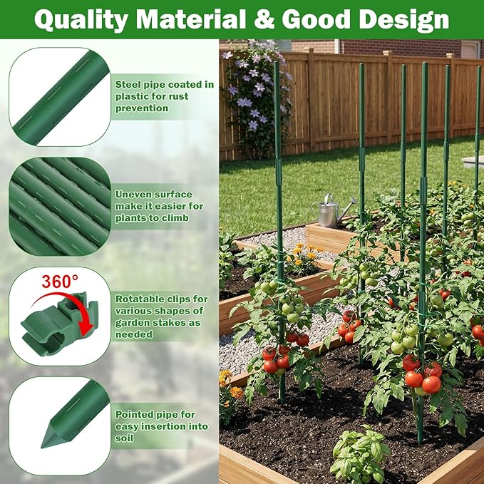 Garden Stakes 40 Pack, 16 Inch Plastic Coated Metal Tomato Stakes, DIY 4ft 5ft 6ft 7ft Plant Support Stakes with 28 Connectors 28 Rotatable Clips 28 Plant Clips for Indoor Outdoor Vegetables