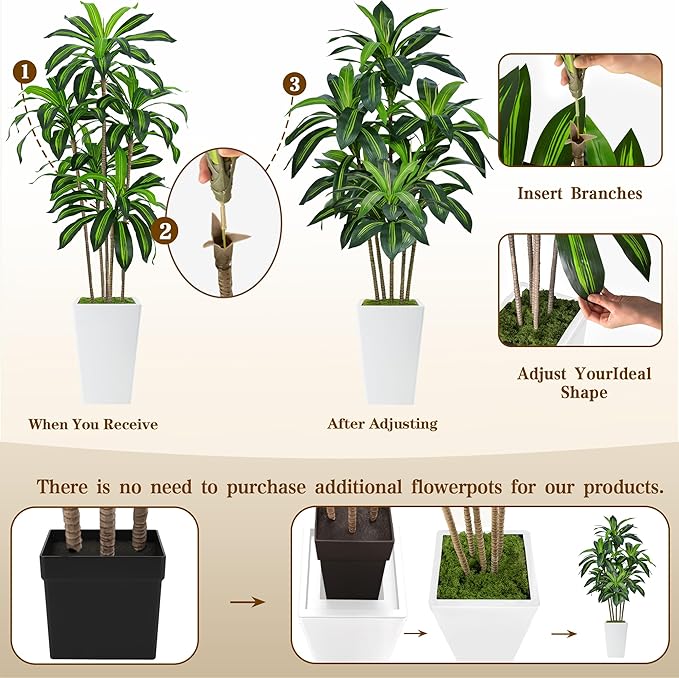 6FT Artificial Dracaena Tree, Fake Tree Indoor with White Tall Planter,Tall Artificial Plants Indoor,Artificial Silk Tree for Home Office Decor (White)