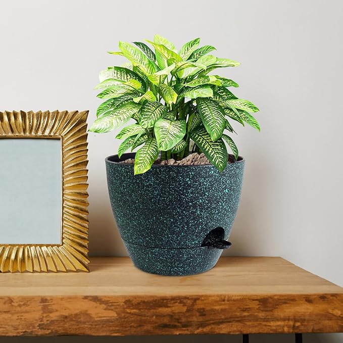 WSMKSZ 10 inch Self Watering Pots, Planter, Plant Pots with Mesh Drainage Holes for Indoor Outdoor House Plants and Garden, 2 Pack Plastic Flower Pots with Reservoir, Black with Green Speckles