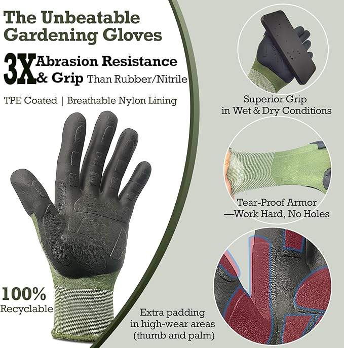 2 Pairs Thickened Non-Slip Gardening Gloves, Recyclable TPE Coating, Durable Breathable Work Gloves for Weeding, Planting, Landscaping & Yard Work, Universal Fit, Olive Green