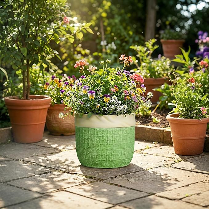 Ceramic Pots for Plants - 9.8 Inch Planter for Indoor Outdoor Plants, Ceramic Planter with Drainage Hole and Plug, Boho Decorative Flower Pot, Home Patio Decor, Plant Lover Gifts, Green