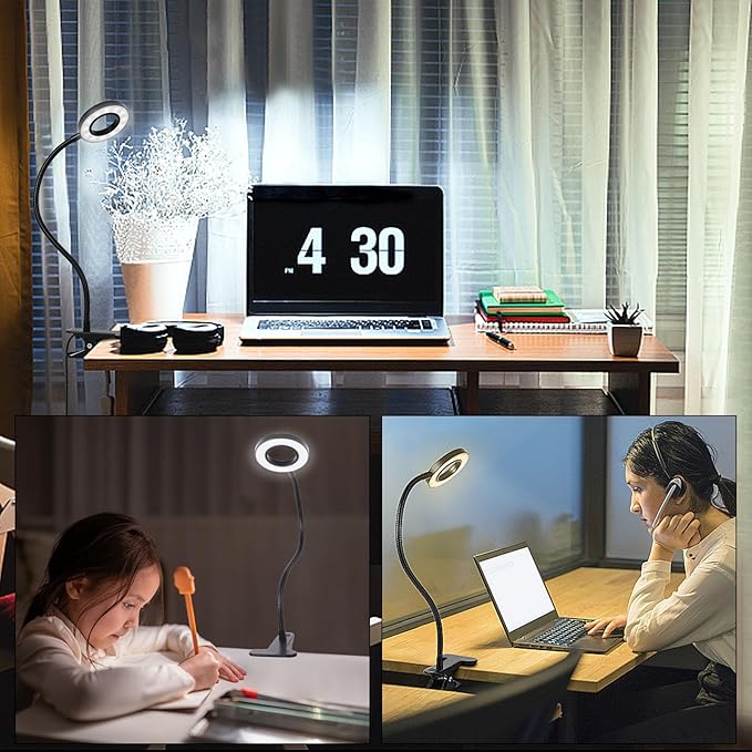 Woputne Desk Clip on Lamp for Reading Home Office, with 5V 2A Adapter, 10 Dimmable Brightness 3 Modes, Clamp Reading Light for Bed Headboard, Craft (2packs, Black)…