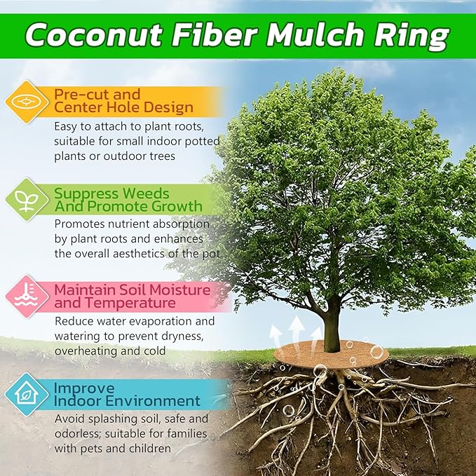 Legigo 4pcs Coconut Fiber Mulch Ring Tree Plant Protector Mat, 14 Inch Natural Coco Coir Tree Mulch Ring Plant Pot Soil Cover, Tree Rings Disc Plant Cover for Indoor Outdoor Plants, Landscaping