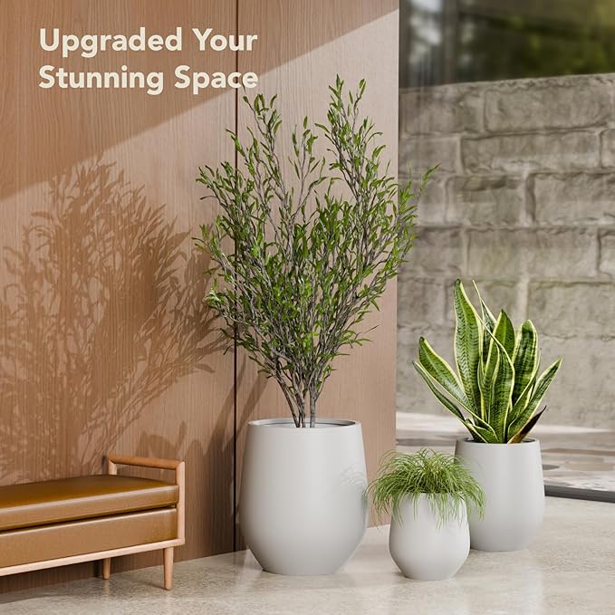 KUTE NEST 16.5" H x 15" D Premium Corso Fiberstone Round Tapered Planter with Drainage Hole, Smooth Finishes, Weather Resistant, Included 2 Extra Coco Mats (Light French Gray, 11.5" Pot Opening)