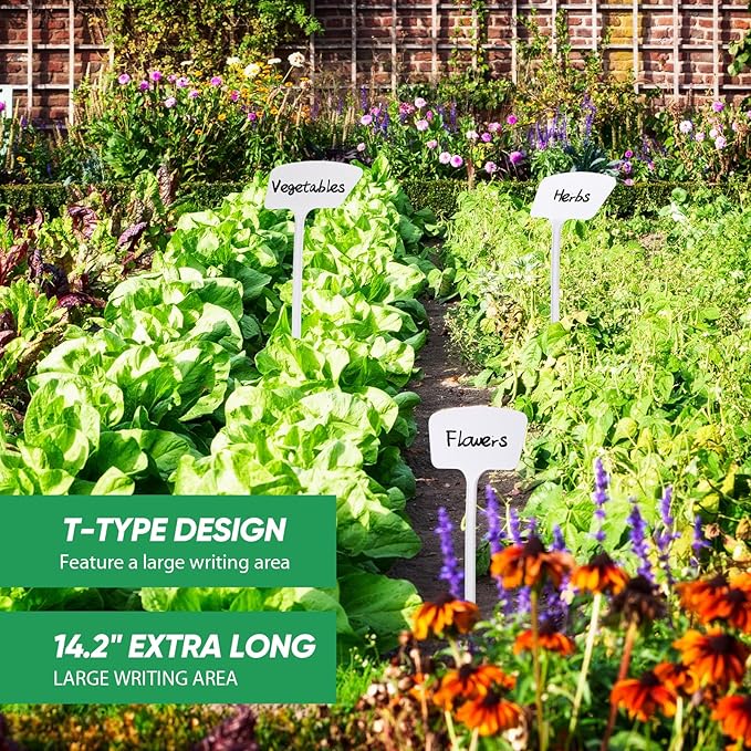 Colingmill 50 Pcs 14.2 Inch Plastic Plant Labels Tags T Type Plant Markers with Pen for Outdoor Indoor Garden Pot Herbs Flowers Vegetable(White)