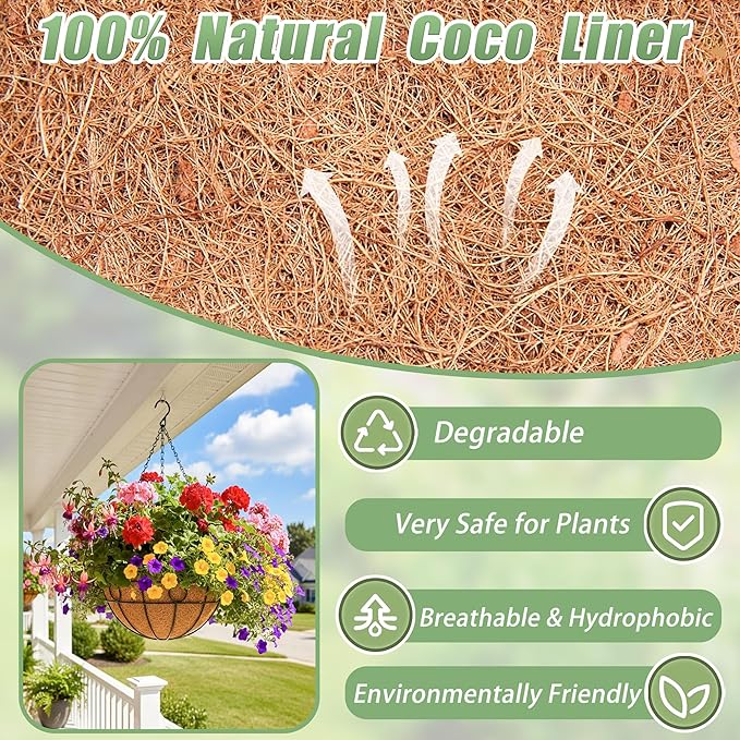 2 Pack 12 Inch Hanging Baskets for Plants Outdoor Metal Hanging Planters Round Hanging Flower Pots with Coco Coir Liner Plant Holder for Outdoor Patio Garden Balcony Decor - Circular