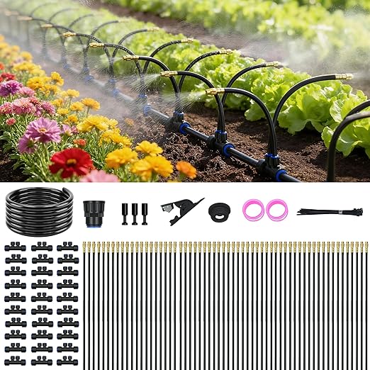 Drip Irrigation System for Garden, Automatic Watering System with Adjustable 360° Copper Spray Nozzles, DIY Drip Irrigation Kit for Yard, Lawn, Greenhouse, Raised Beds & Potted Plants (100FT)
