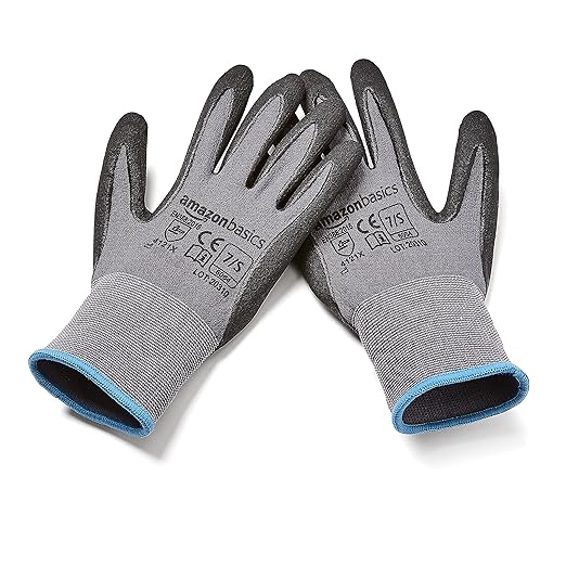 Amazon Basics Micro-Foam Nitrile Coated Safety Work Gloves, Nylon Liner Fiber, Touch Screen Compatible, Grey, Size 7 (S), 6-Pack