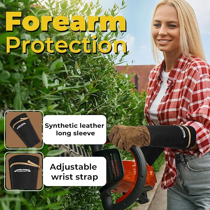 HANDLANDY Long Gardening Gloves for Men & Women, Pigskin Leather Rose Pruning Gloves, Breathable Thorn Proof Gauntlet Glove (Coffee Brown, XL)