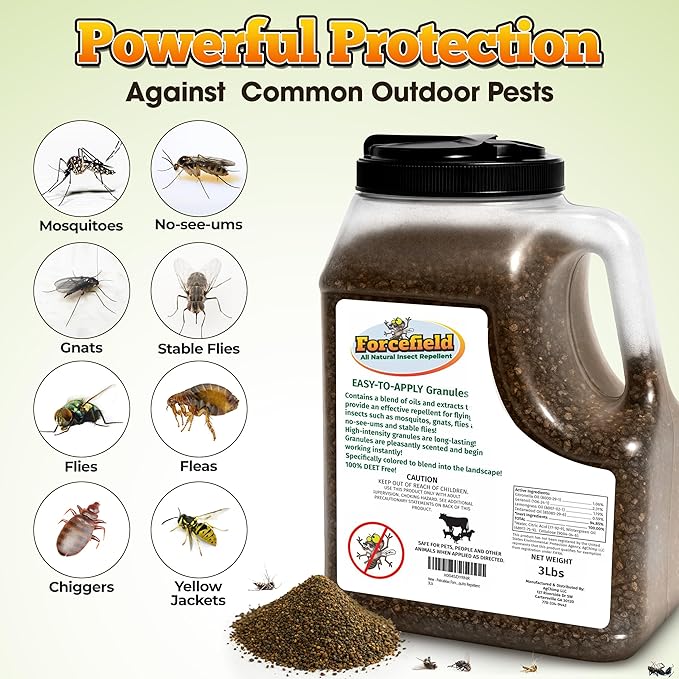 ForceField Natural Mosquito Yard Treatment - Repellent Granules for Backyard Mosquito Control | Pet Safe, DEET-Free Outdoor Control | Long-Lasting Barrier for Lawns, Patios, & Barns 3 LB