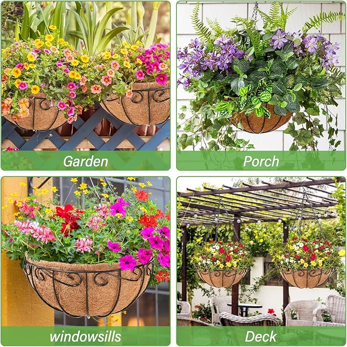 Legigo 2 Pack 14 Inch Metal Hanging Baskets for Plants Outdoor- Wire Round Hanging Planters Basket with Coconut Coir Liner, Hanging Flower Pot for Outdoor Plants Flowers Garden Decorations